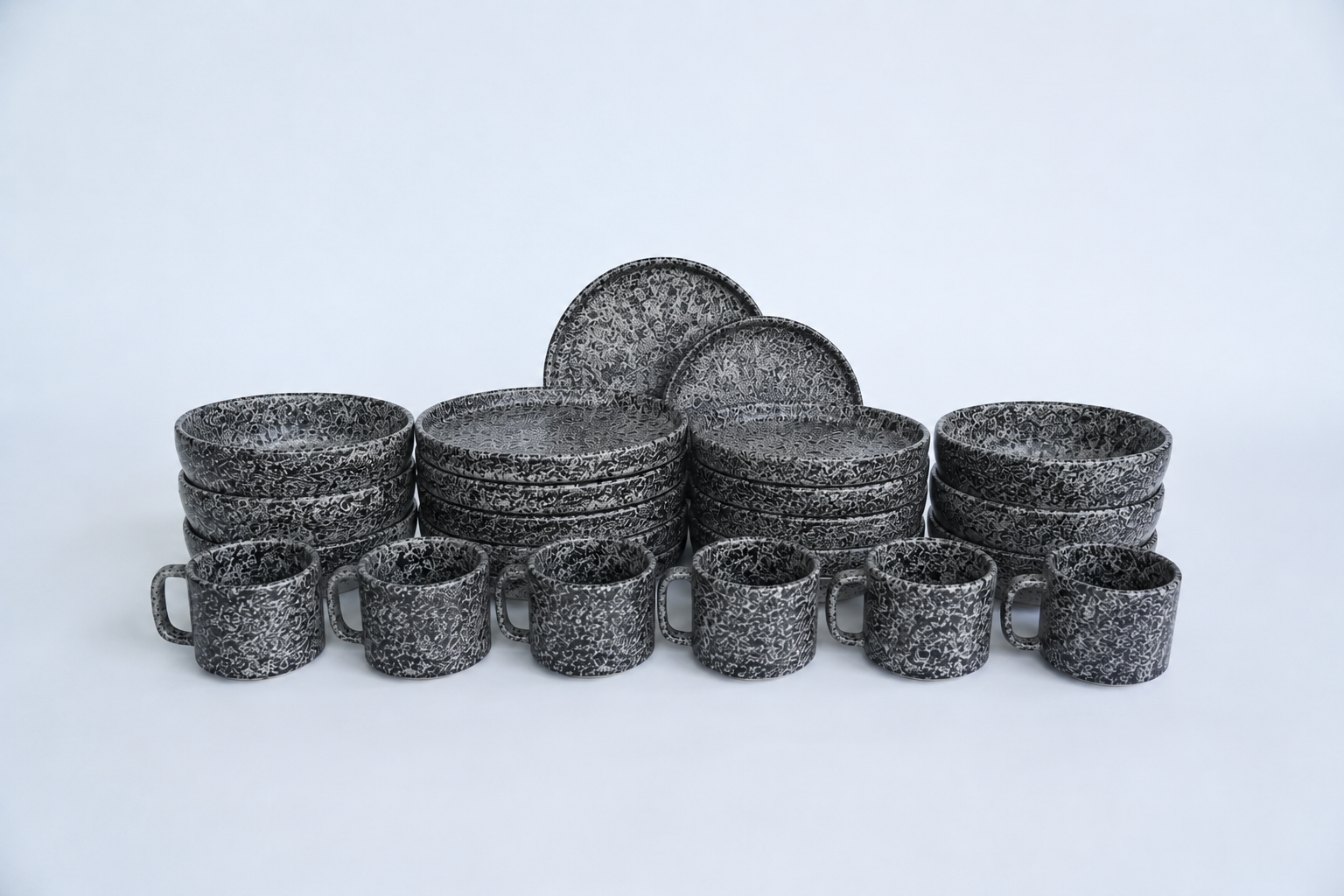 Black grey mate | Set de vajilla línea clásica para 6 personas (con platos trinche & bowls con pared)