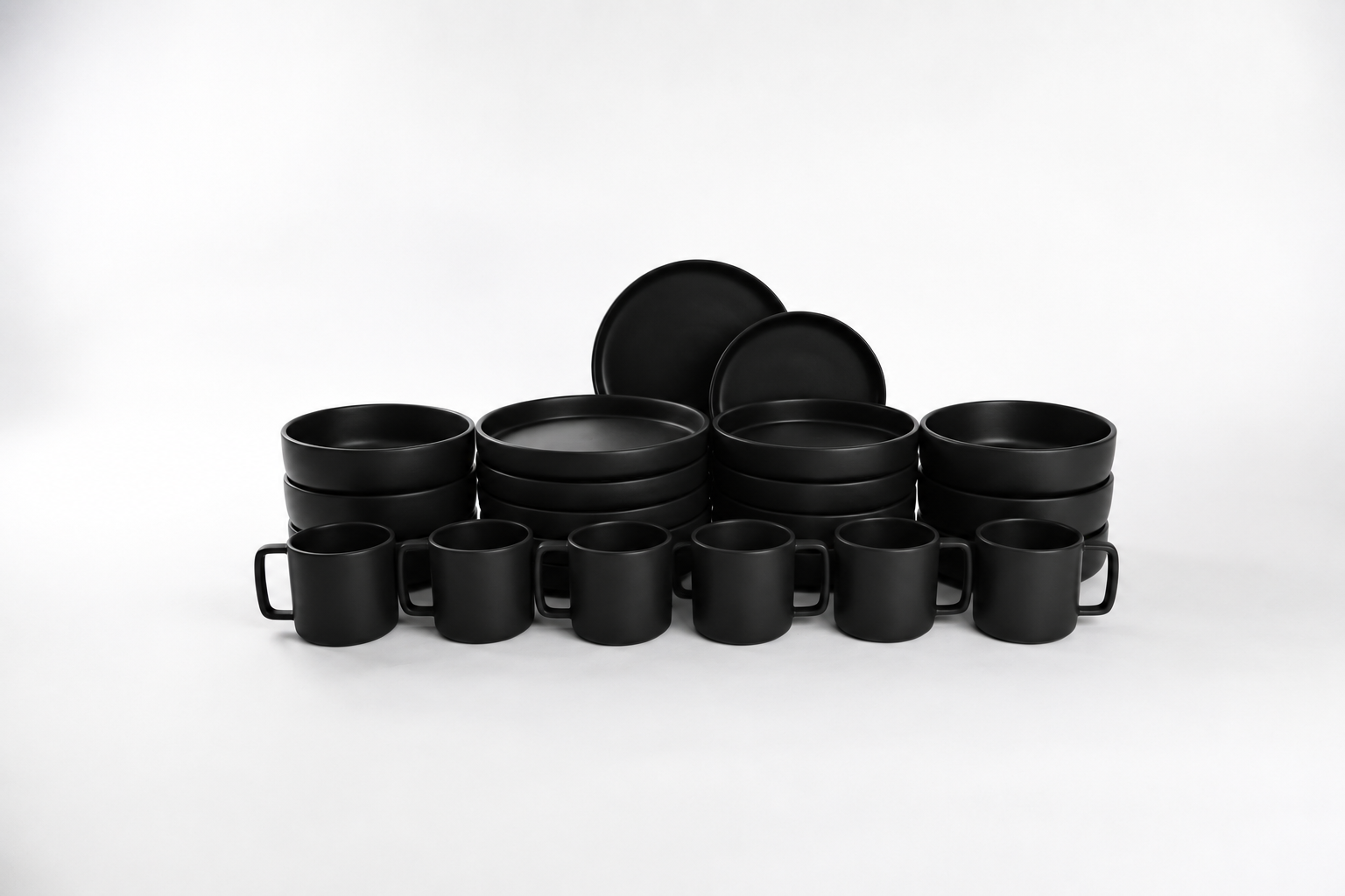 Black out mate | Set de vajilla línea clásica para 6 personas (con platos trinche & bowls con pared)