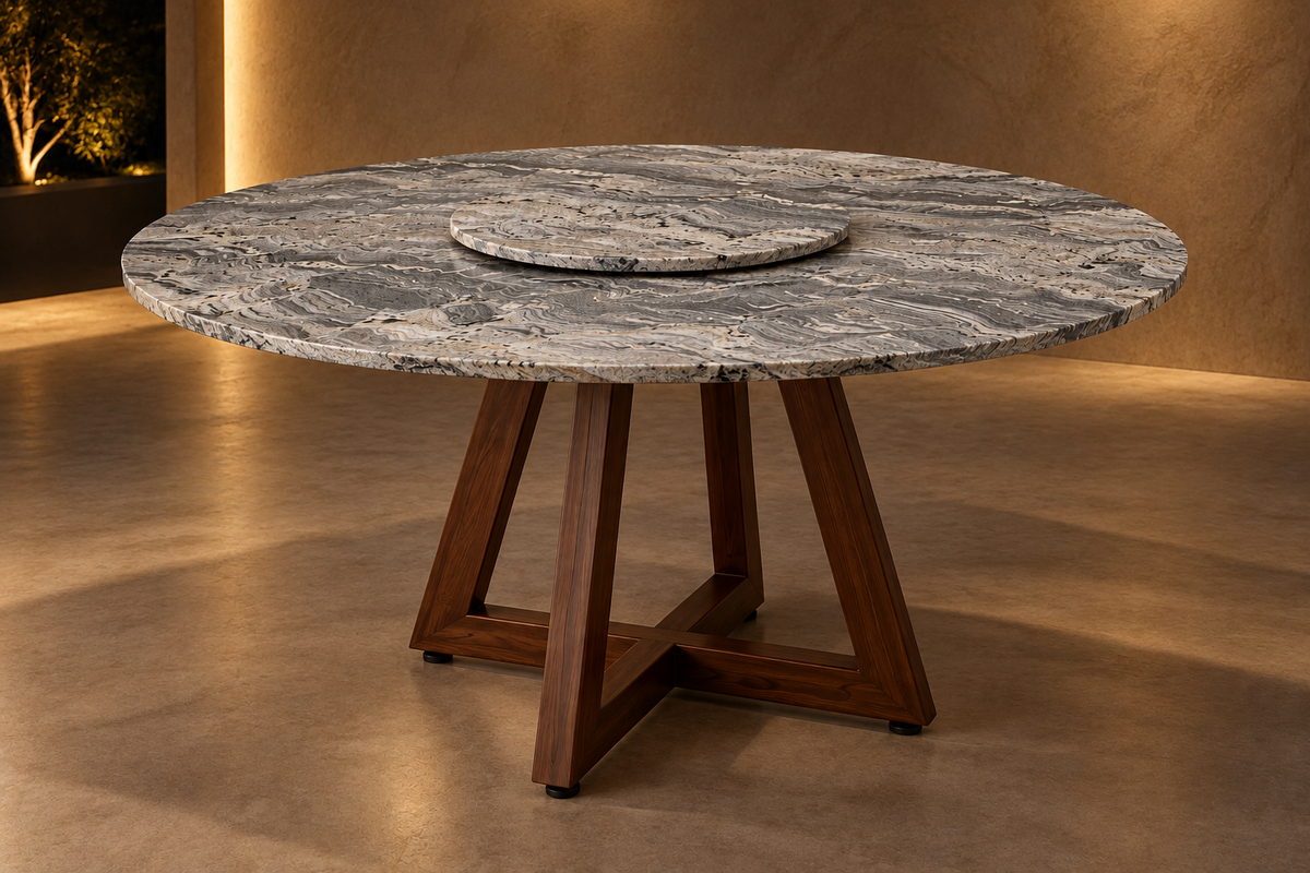 Comedor Circular 1.50 M de Diámetro Con Lazy Susan de 50 CM de Diámetro - Base Herrería Look Madera | Granito Antartic White Leather (Sólo Disponible en Mérida, Yucatán📍)