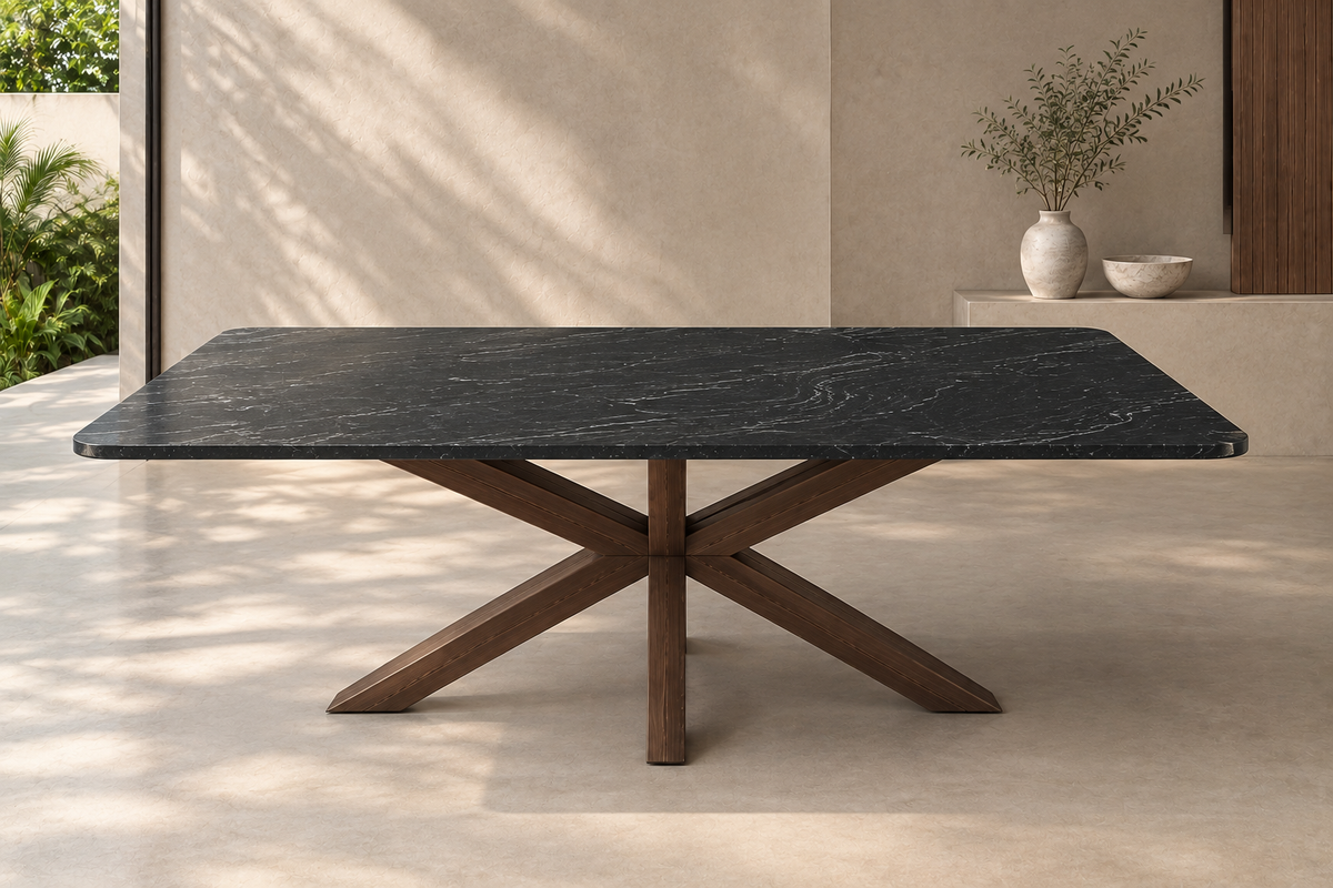 Comedor Rectangular 2.10 M x 1.20 M Con Base Modelo Doble V Herrería Look Madera | Granito Vía Láctea Leather (Sólo Disponible en Mérida, Yucatán📍)