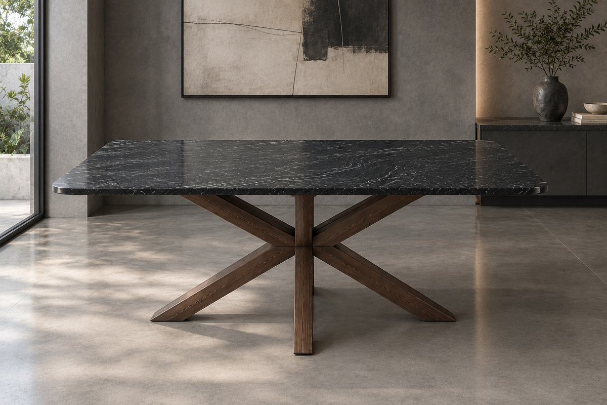 Comedor Rectangular 1.80 M x 1.10 M Con Base Modelo Doble V Herrería Look Madera | Granito Vía Láctea Leather (Sólo Disponible en Mérida, Yucatán📍)