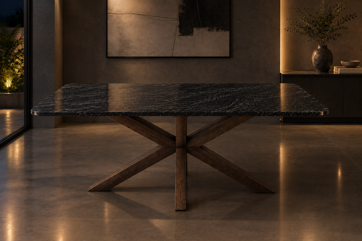 Comedor Rectangular 1.80 M x 1.10 M Con Base Modelo Doble V Herrería Look Madera | Granito Vía Láctea Leather (Sólo Disponible en Mérida, Yucatán📍)