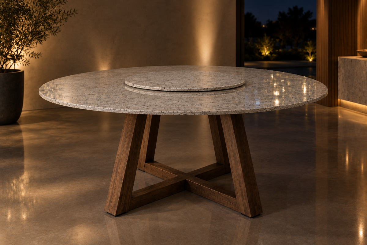 Comedor Circular 1.50 M de Diámetro Con Lazy Susan de 50 CM de Diámetro - Base Herrería Look Madera | Granito Blanco Itaunas Pulido y Brillado (Sólo Disponible en Mérida, Yucatán📍)