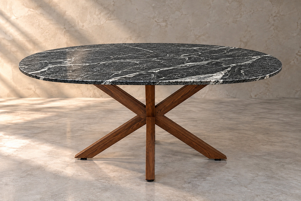 Full Set Comedor Cápsula 1.80 M x 1.10 M | Credenza 1.50 M x 40 CM | Set de 2 Mesas Laterales 40 CM x 40 CM | Mesa de Centro 1 M x 80 CM - Bases Herrería Look Madera  | Granito American Black Leather (Sólo Disponible en Mérida, Yucatán📍)