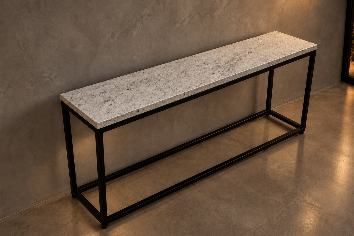 Credenza 1.50 M x 40 CM Con Base Modelo Cubo Negro Mate | Granito Blanco Itaunas Leather (Sólo Disponible en Mérida, Yucatán📍)