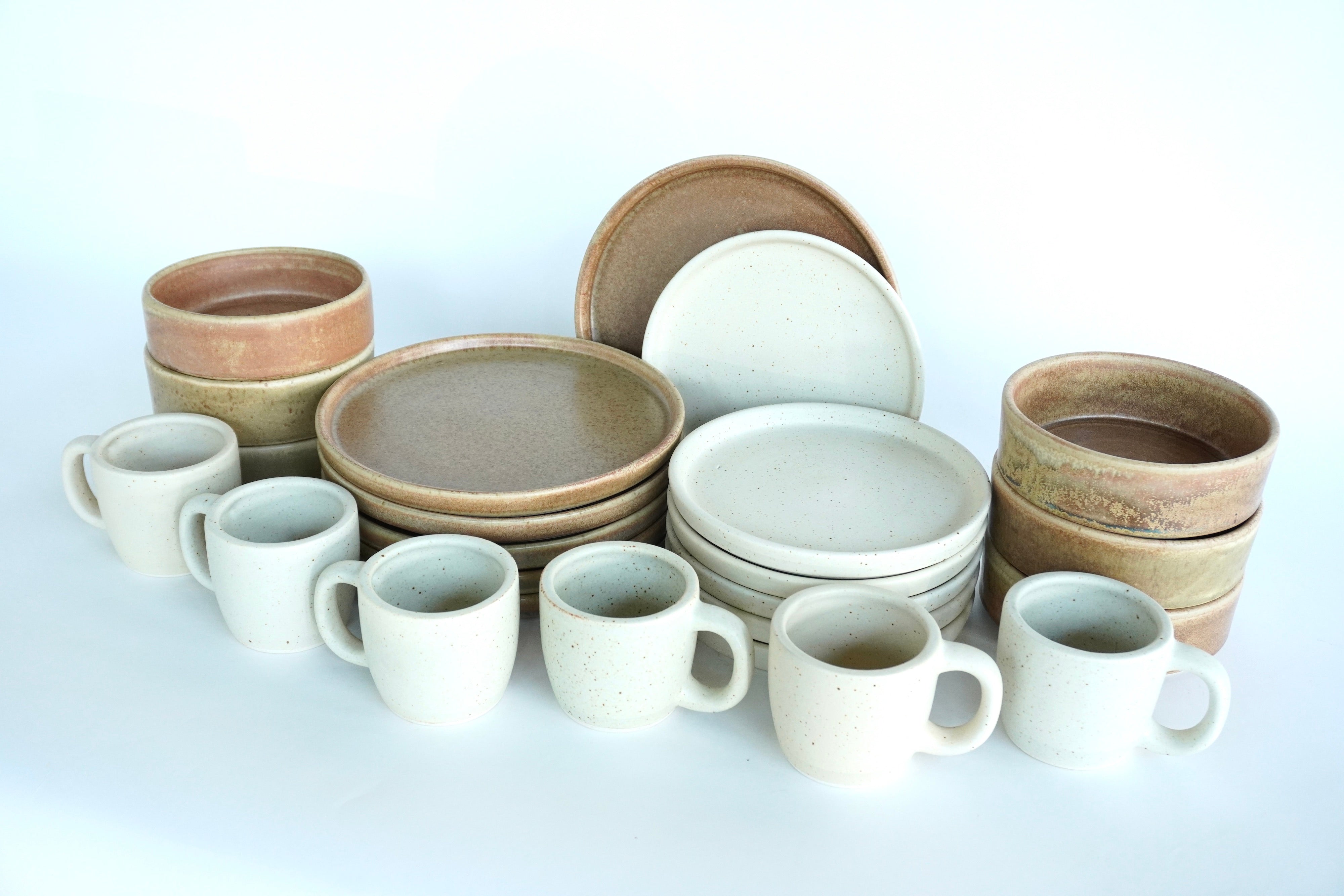 Terracota & Arena blanca | Set de vajilla línea rústica para 6 personas (con bowls con pared & tazas tarro de 12 oz)