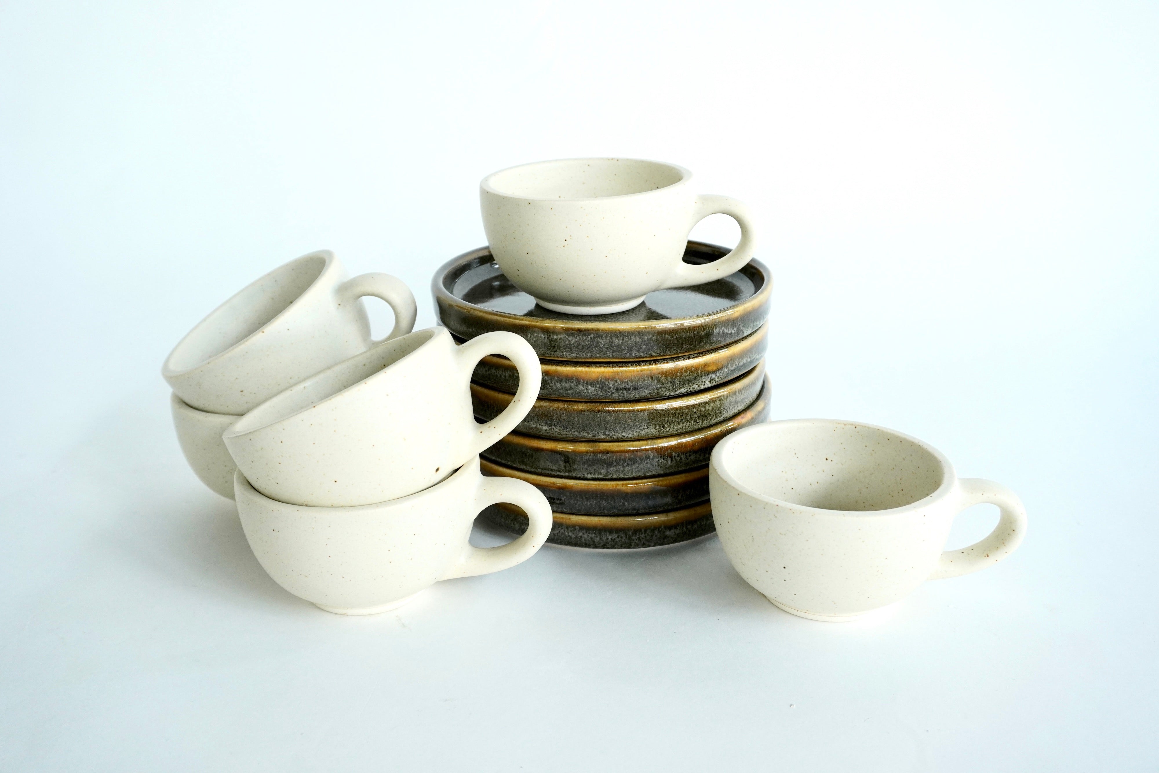 Bio & Arena blanca | Set de 6 platos cafeteros con pared Ø 16.5 cm con 6 tazas arte latte de 8 oz línea rústica