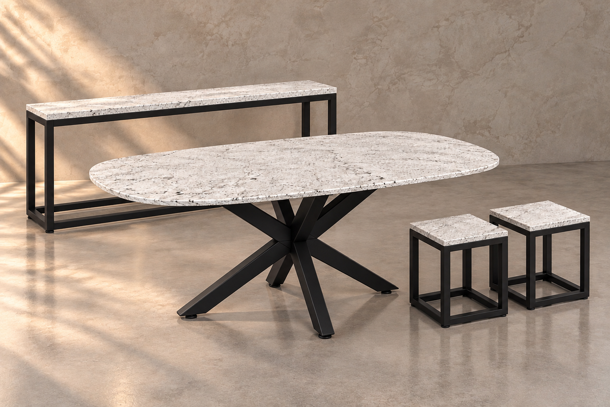 Full Set Comedor Cápsula 1.80 M x 1.10 M | Credenza 1.50 M x 40 CM | Set de 2 Mesas Laterales 40 CM x 40 CM - Bases Herrería Negro Mate  | Granito Blanco Itaunas Leather (Sólo Disponible en Mérida, Yucatán📍)