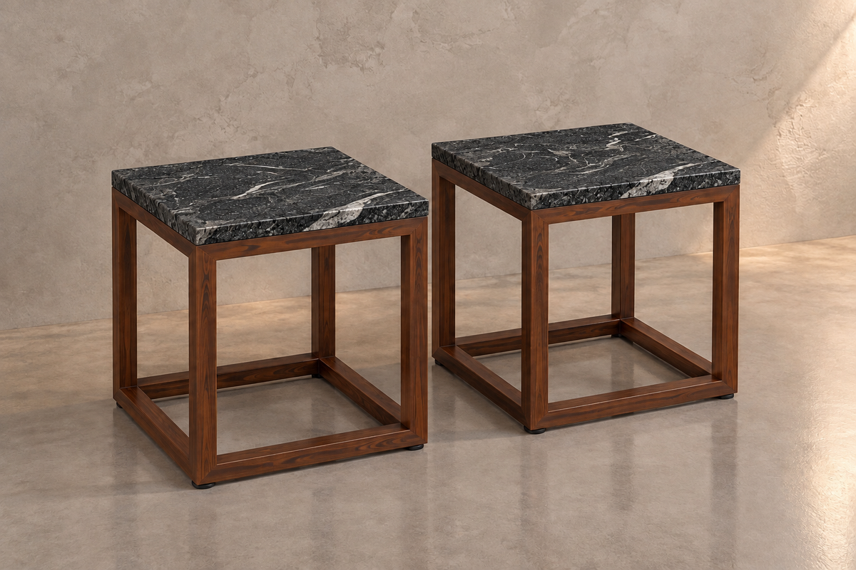 Full Set Comedor Cápsula 1.80 M x 1.10 M | Credenza 1.50 M x 40 CM | Set de 2 Mesas Laterales 40 CM x 40 CM | Mesa de Centro 1 M x 80 CM - Bases Herrería Look Madera  | Granito American Black Leather (Sólo Disponible en Mérida, Yucatán📍)