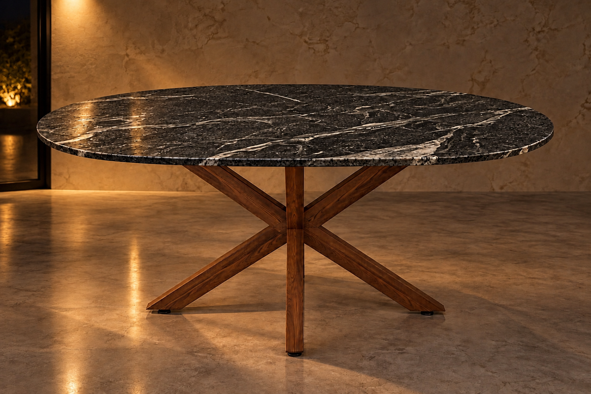 Full Set Comedor Cápsula 1.80 M x 1.10 M | Credenza 1.50 M x 40 CM | Set de 2 Mesas Laterales 40 CM x 40 CM | Mesa de Centro 1 M x 80 CM - Bases Herrería Look Madera  | Granito American Black Leather (Sólo Disponible en Mérida, Yucatán📍)