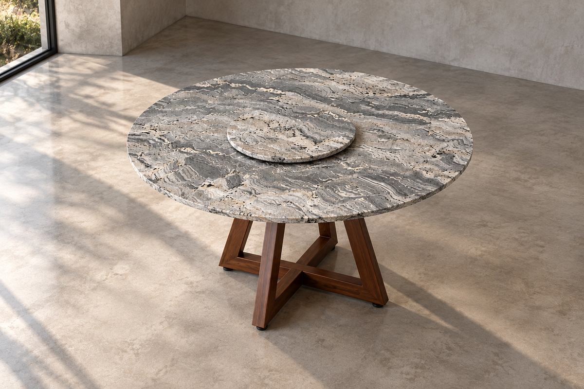 Comedor Circular 1.50 M de Diámetro Con Lazy Susan de 50 CM de Diámetro - Base Herrería Look Madera | Granito Antartic White Leather (Sólo Disponible en Mérida, Yucatán📍)