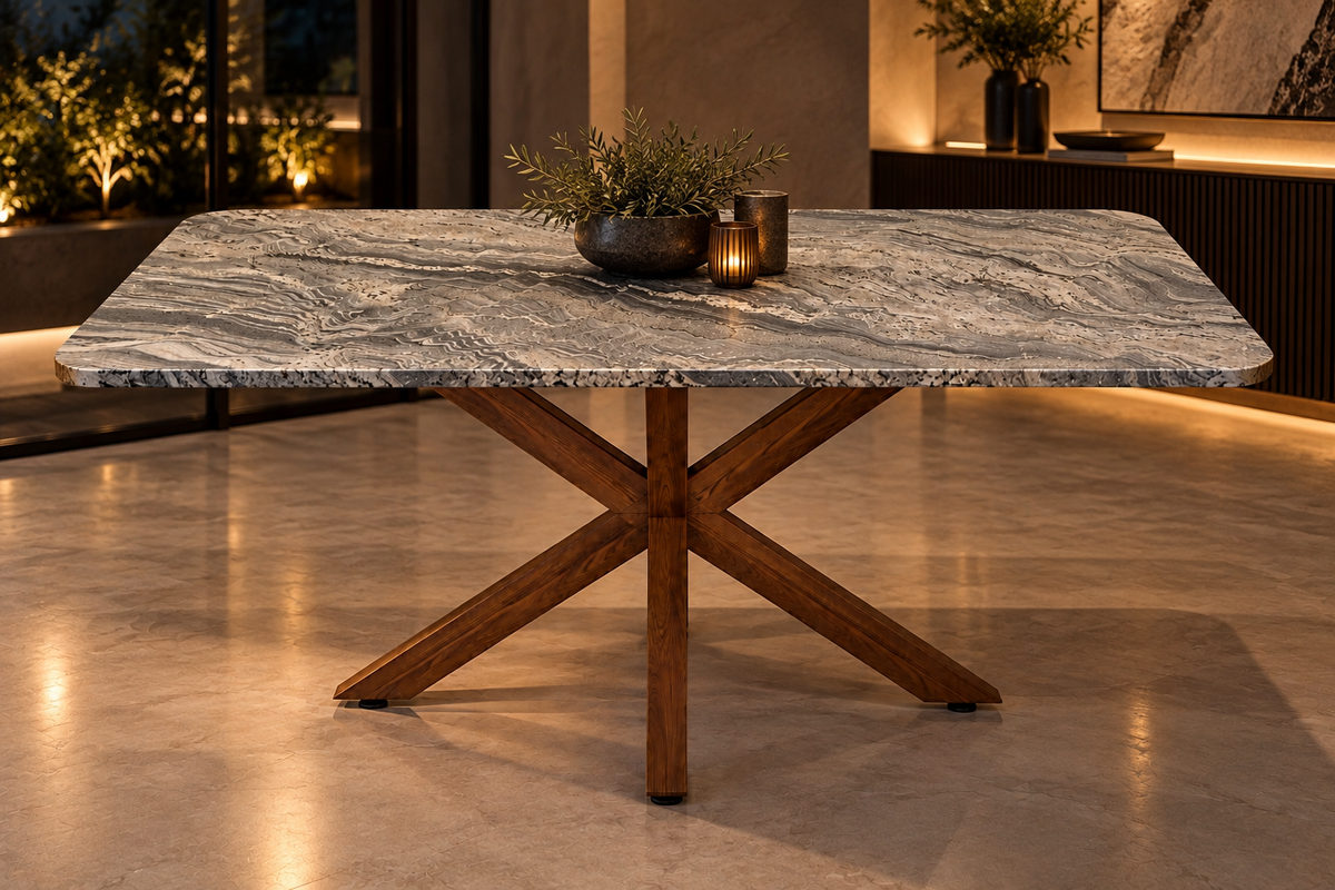 Comedor Rectangular 1.80 M x 1.10 M Con Base Modelo Doble V Herrería Look Madera | Granito Antartic White Leather (Sólo Disponible en Mérida, Yucatán📍)